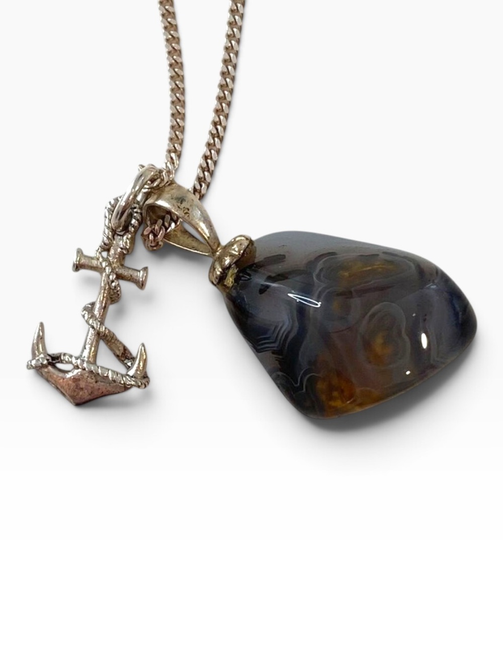 Italy 925 silver chain with natural banded agate pendant & nautical anchor charm